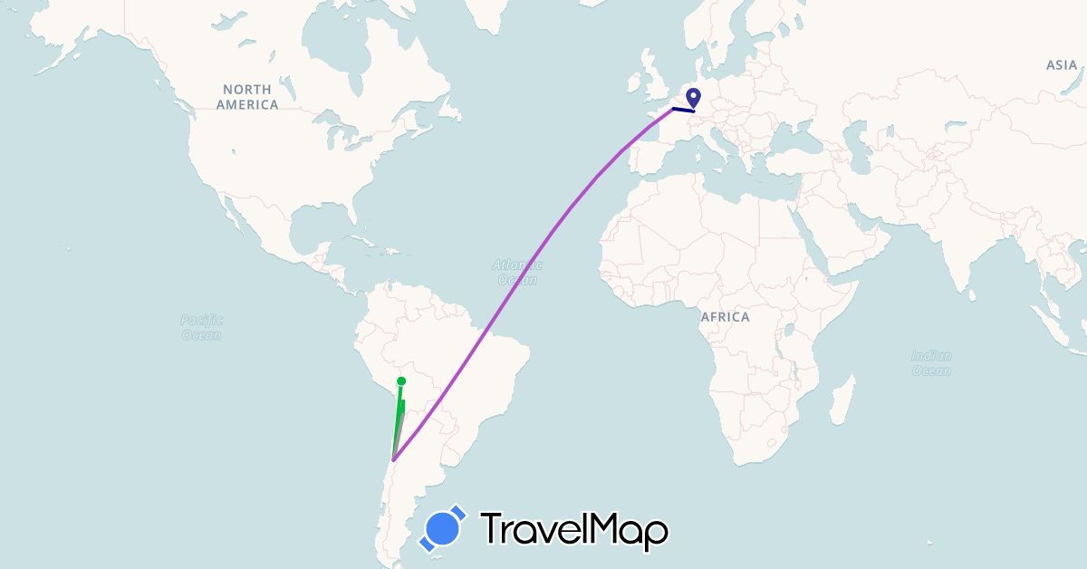 TravelMap itinerary: driving, bus, plane, train in Bolivia, Chile, France (Europe, South America)